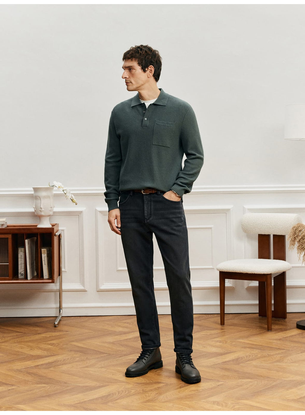 LUXURY TEXTURED MERINO WOOL LONG SLEEVE KHAKI POLO SWEATSHIRT