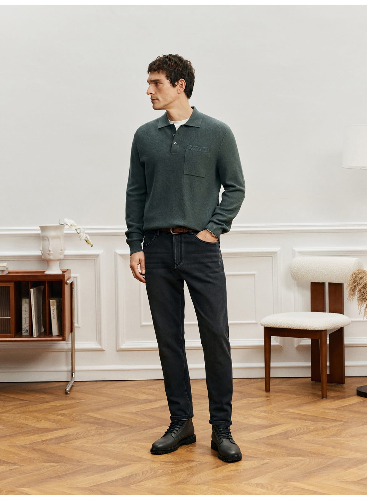 LUXURY TEXTURED MERINO WOOL LONG SLEEVE KHAKI POLO SWEATSHIRT