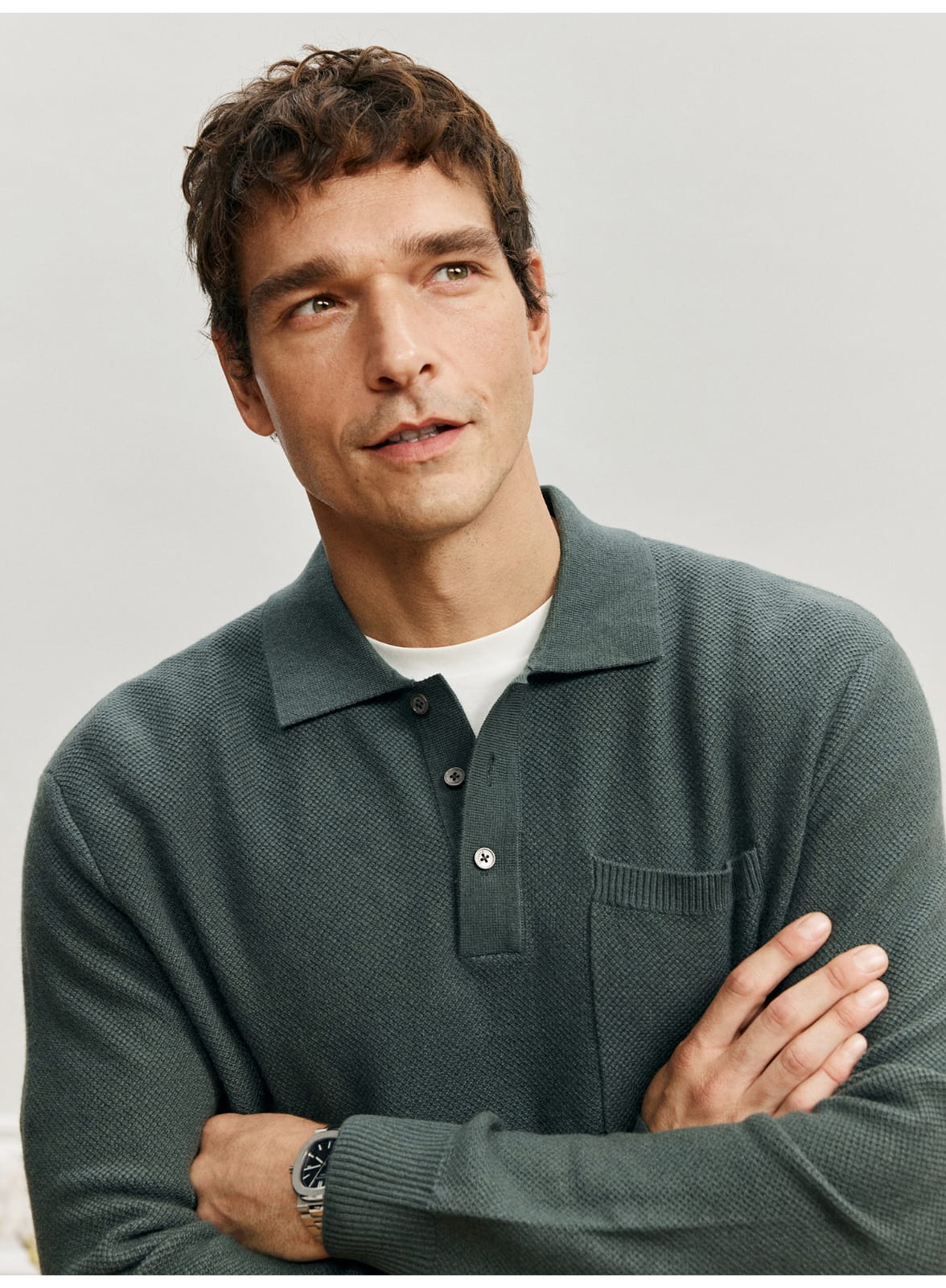 LUXURY TEXTURED MERINO WOOL LONG SLEEVE KHAKI POLO SWEATSHIRT