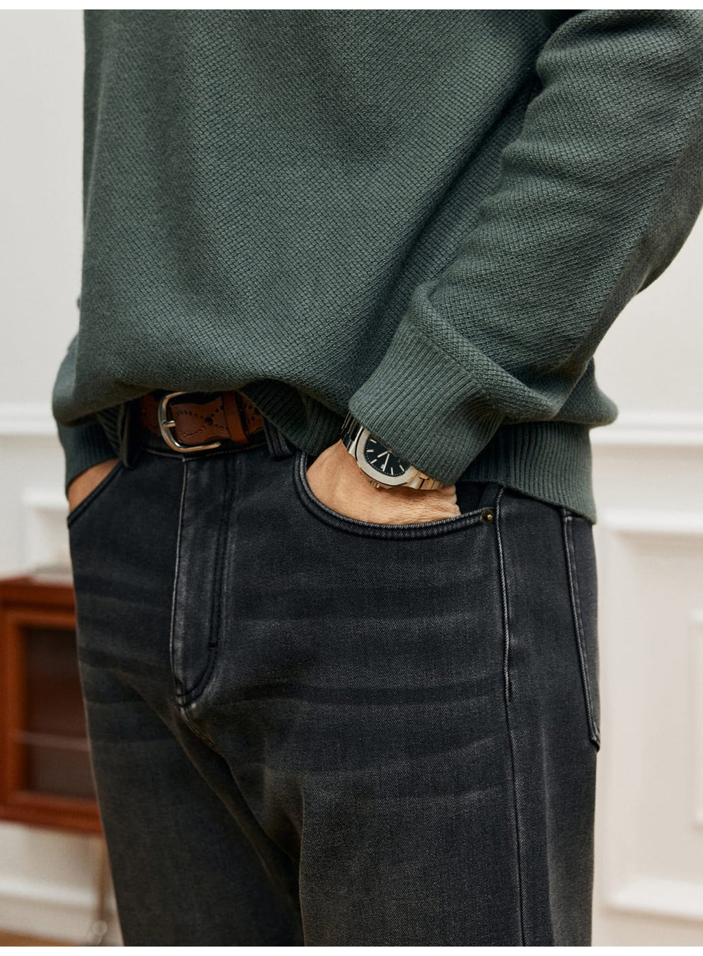 LUXURY TEXTURED MERINO WOOL LONG SLEEVE KHAKI POLO SWEATSHIRT