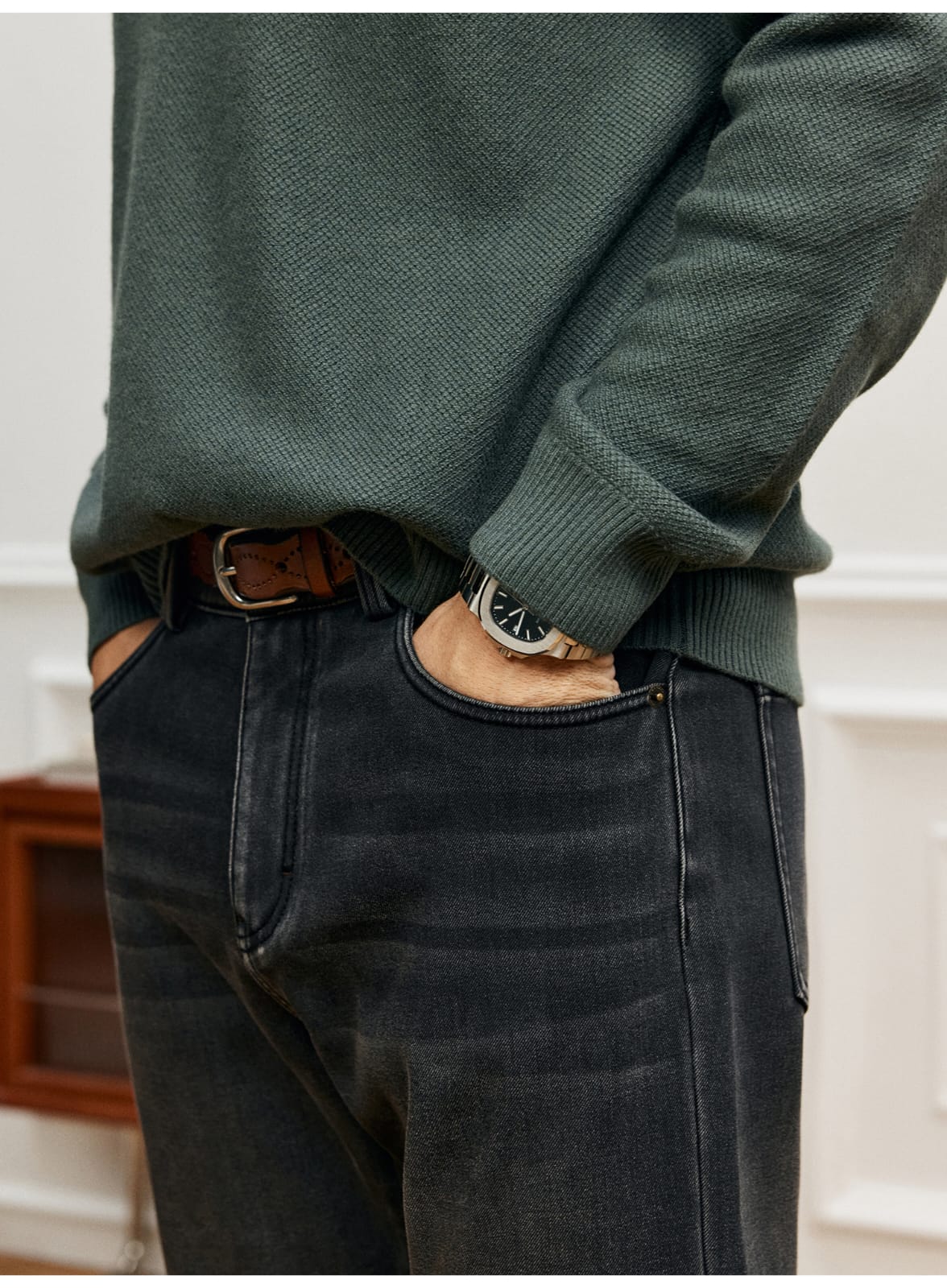 LUXURY TEXTURED MERINO WOOL LONG SLEEVE KHAKI POLO SWEATSHIRT