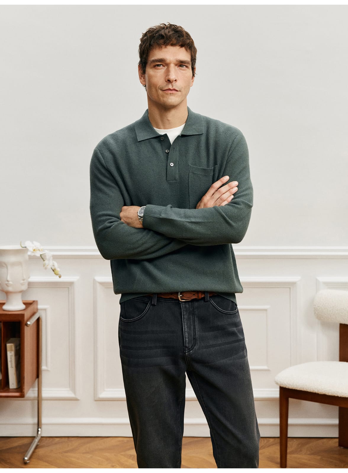 LUXURY TEXTURED MERINO WOOL LONG SLEEVE KHAKI POLO SWEATSHIRT