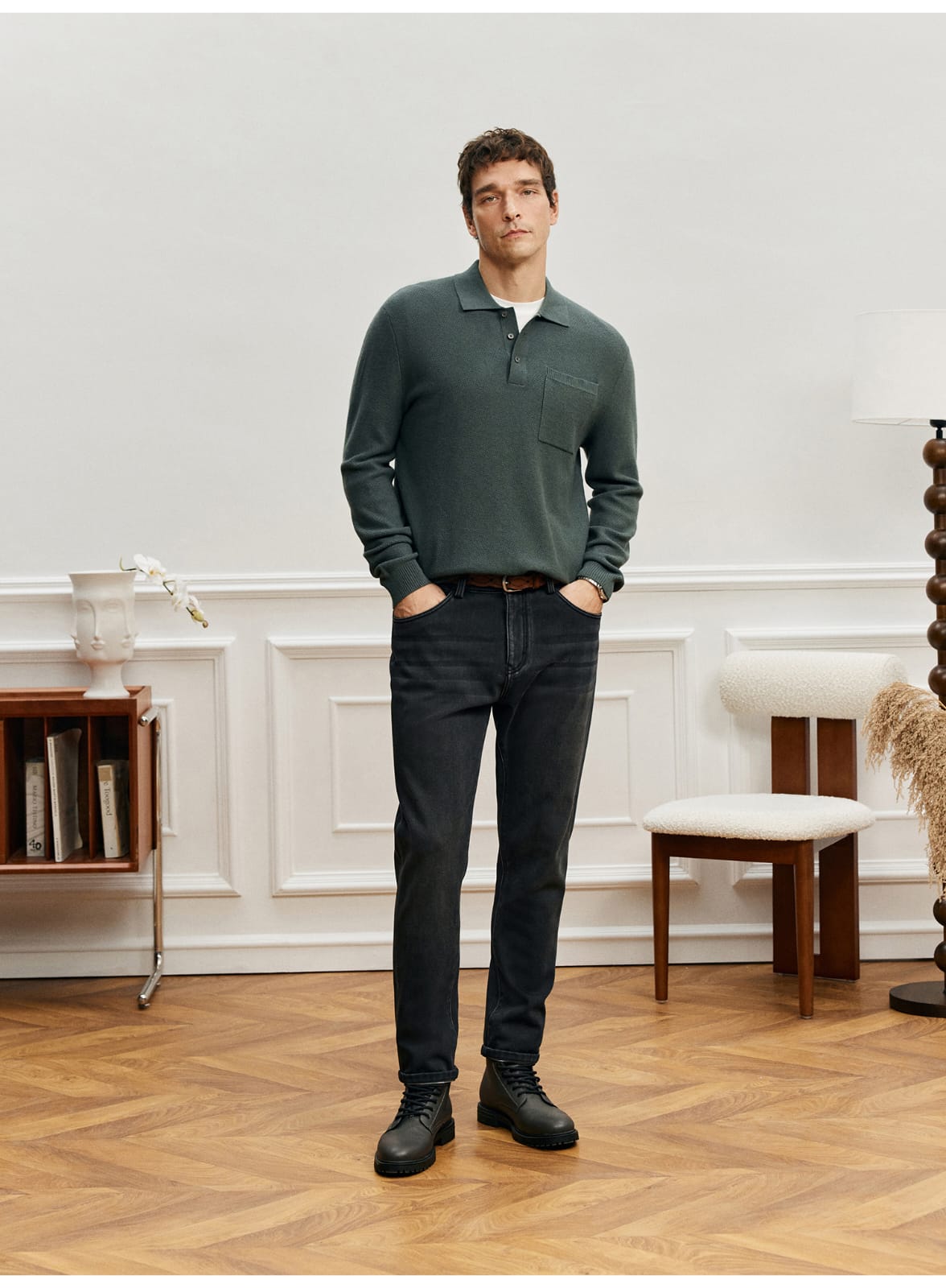 LUXURY TEXTURED MERINO WOOL LONG SLEEVE KHAKI POLO SWEATSHIRT