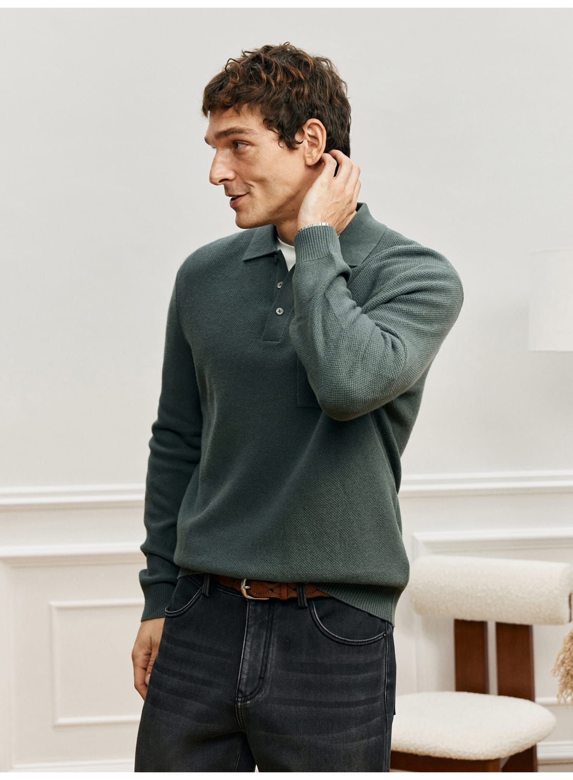 LUXURY TEXTURED MERINO WOOL LONG SLEEVE KHAKI POLO SWEATSHIRT