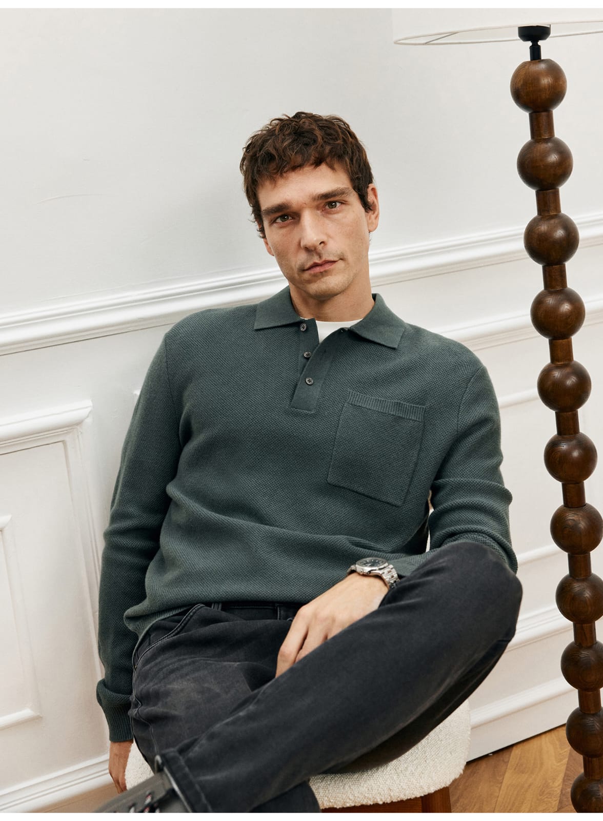 LUXURY TEXTURED MERINO WOOL LONG SLEEVE KHAKI POLO SWEATSHIRT