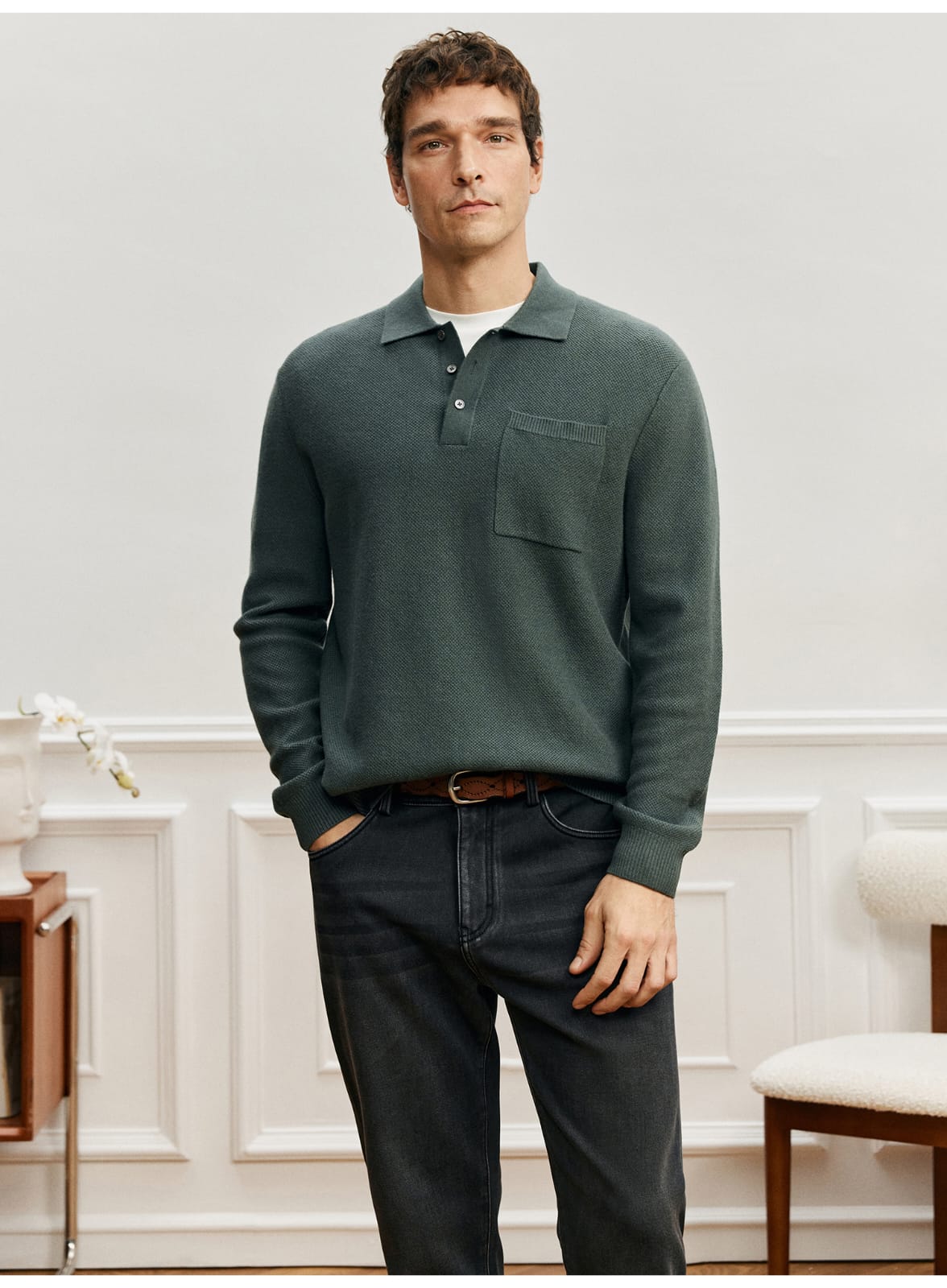 LUXURY TEXTURED MERINO WOOL LONG SLEEVE KHAKI POLO SWEATSHIRT