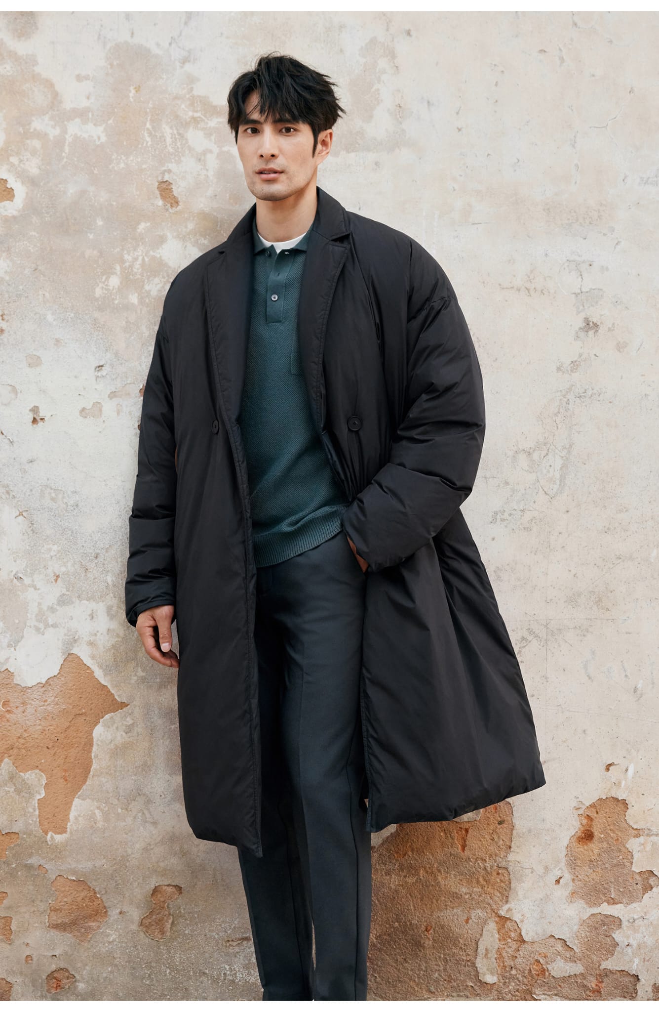 LONG PADDED TRENCH COAT BLACK OUTERWEAR JACKET