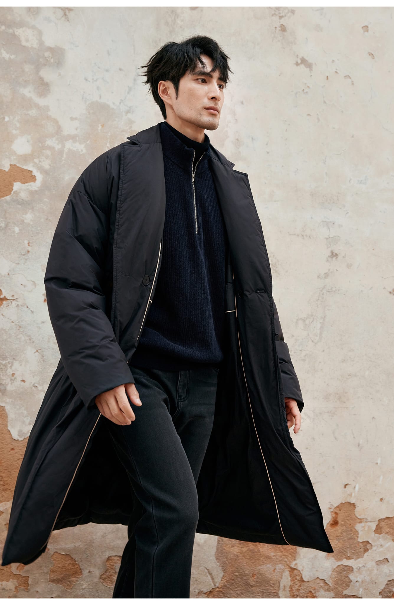 LONG PADDED TRENCH COAT BLACK OUTERWEAR JACKET