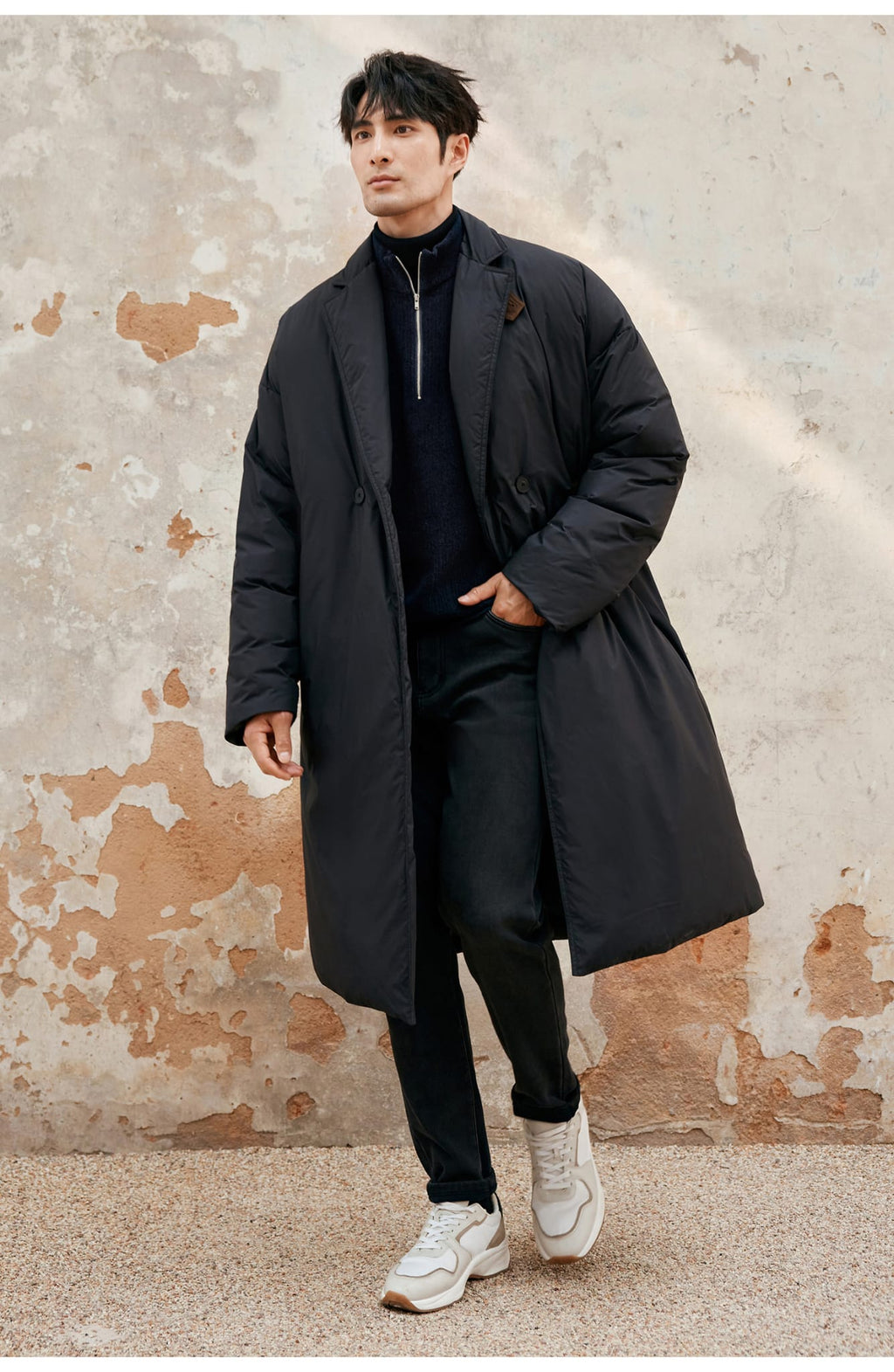 LONG PADDED TRENCH COAT BLACK OUTERWEAR JACKET