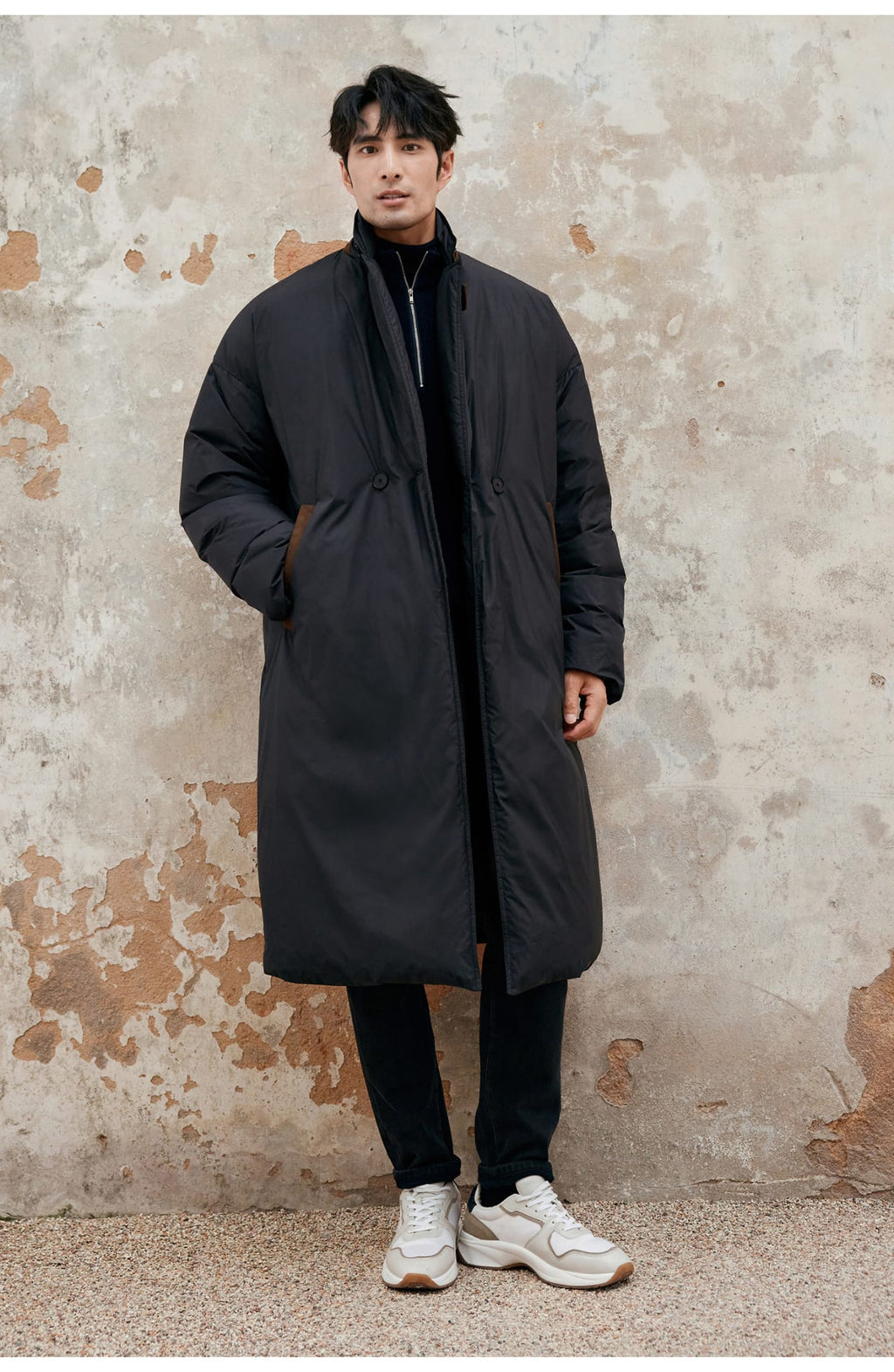 LONG PADDED TRENCH COAT BLACK OUTERWEAR JACKET