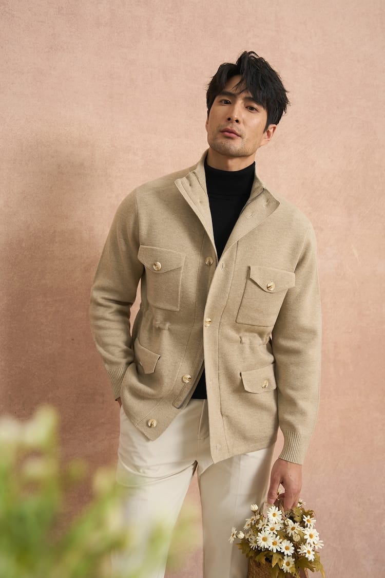 CLASSIC UTILITY BUTTON-UP KNIT BEIGE JACKET