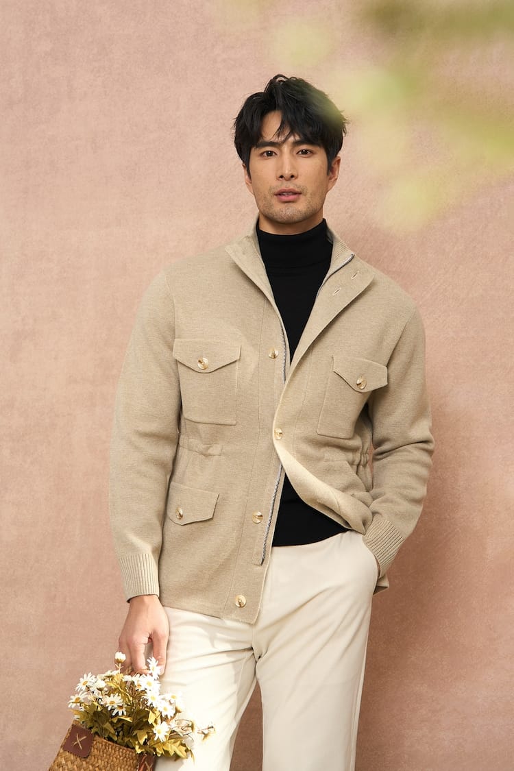 CLASSIC UTILITY BUTTON-UP KNIT BEIGE JACKET