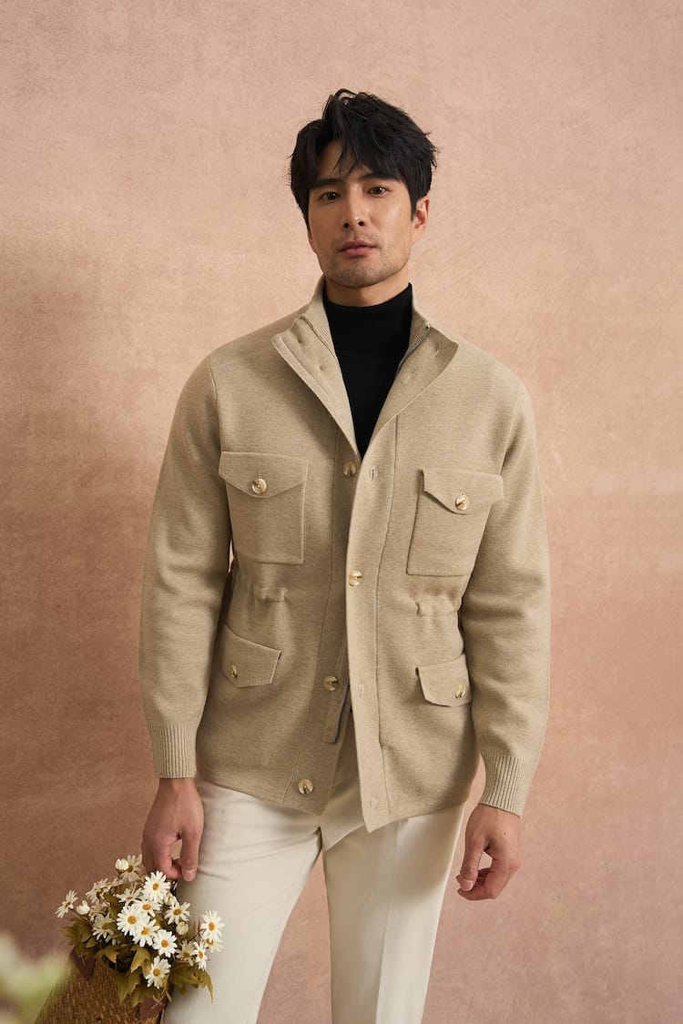 CLASSIC UTILITY BUTTON-UP KNIT BEIGE JACKET
