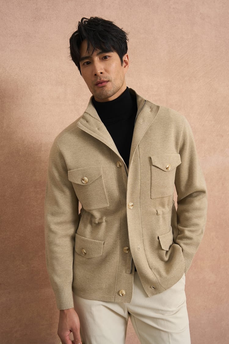 CLASSIC UTILITY BUTTON-UP KNIT BEIGE JACKET