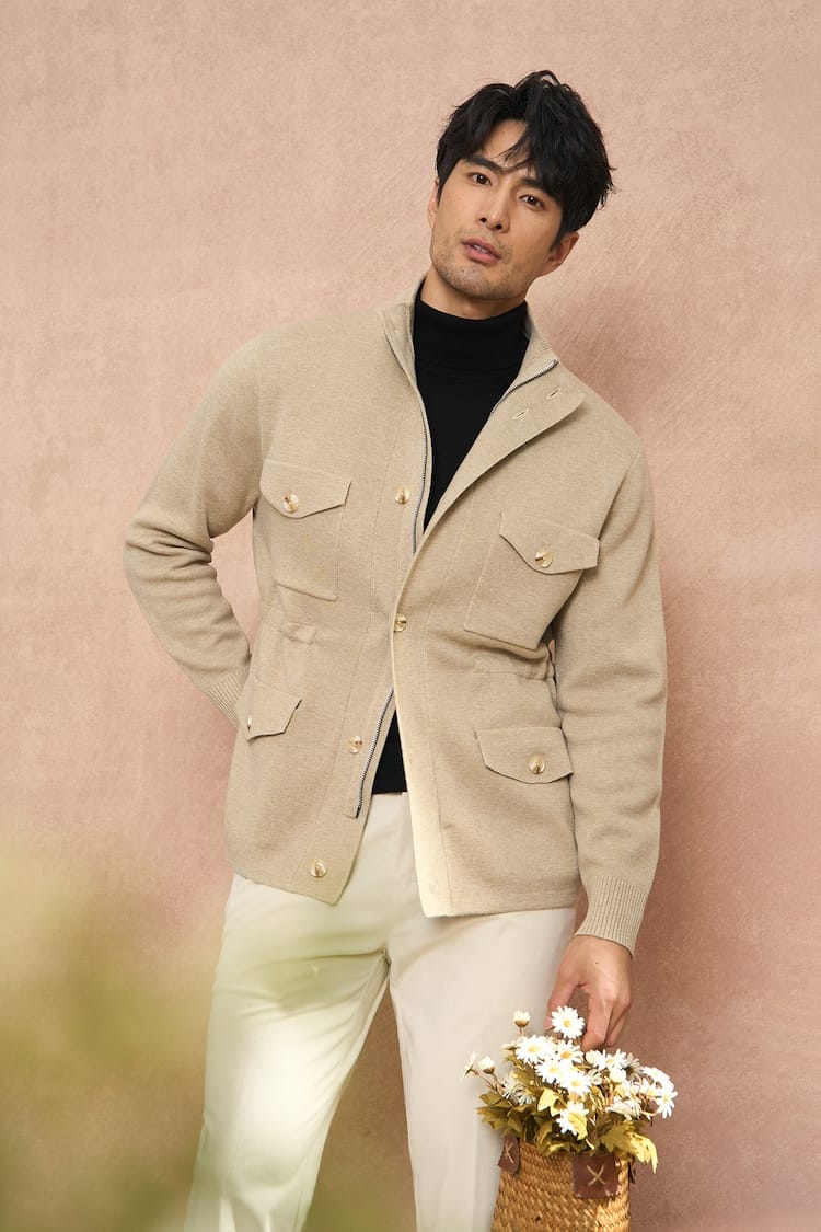 CLASSIC UTILITY BUTTON-UP KNIT BEIGE JACKET