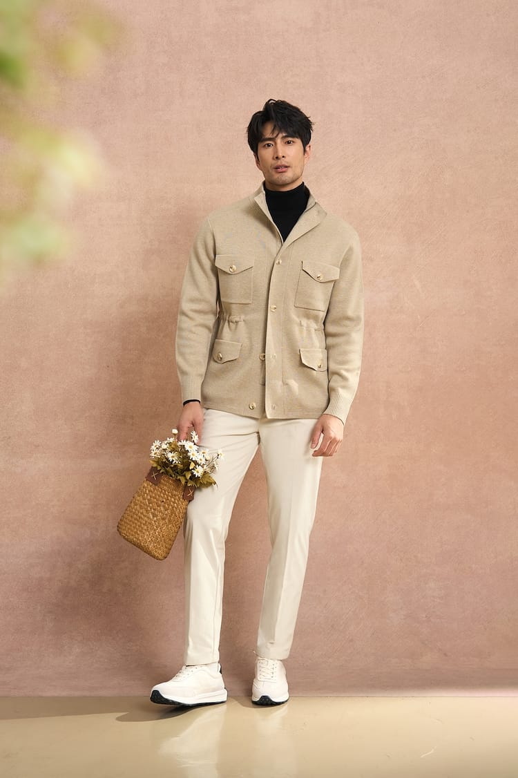 CLASSIC UTILITY BUTTON-UP KNIT BEIGE JACKET