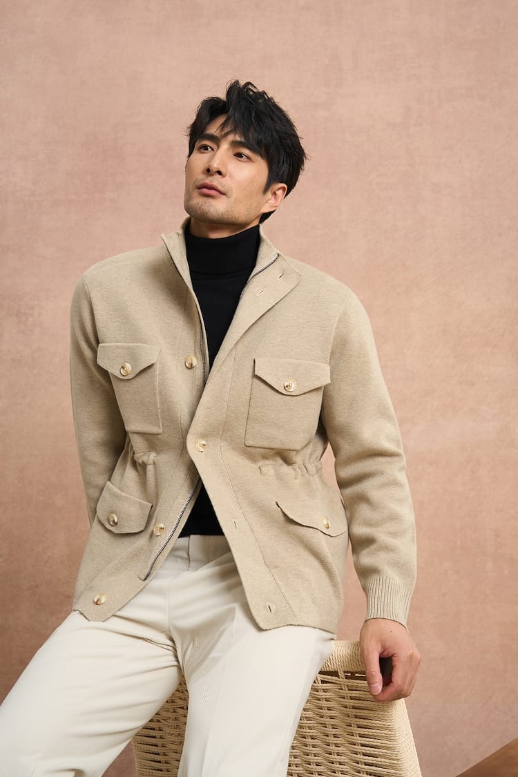 CLASSIC UTILITY BUTTON-UP KNIT BEIGE JACKET