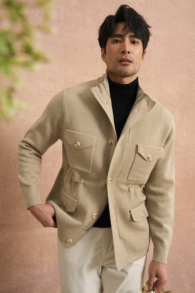 CLASSIC UTILITY BUTTON-UP KNIT BEIGE JACKET