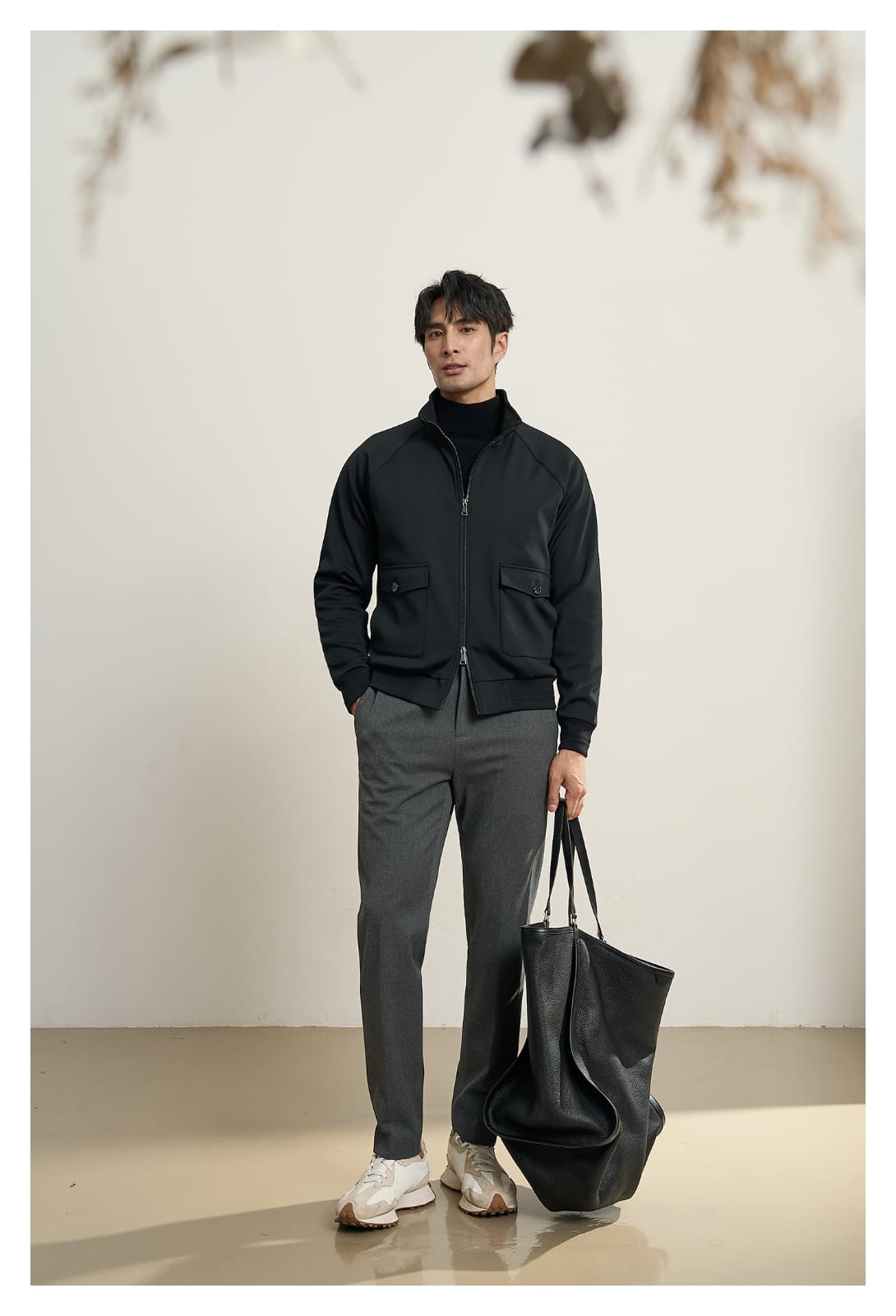 MODERN MINIMAL LUXE STAND COLLAR STRUCTURED OUTERWEAR BLACK JACKET