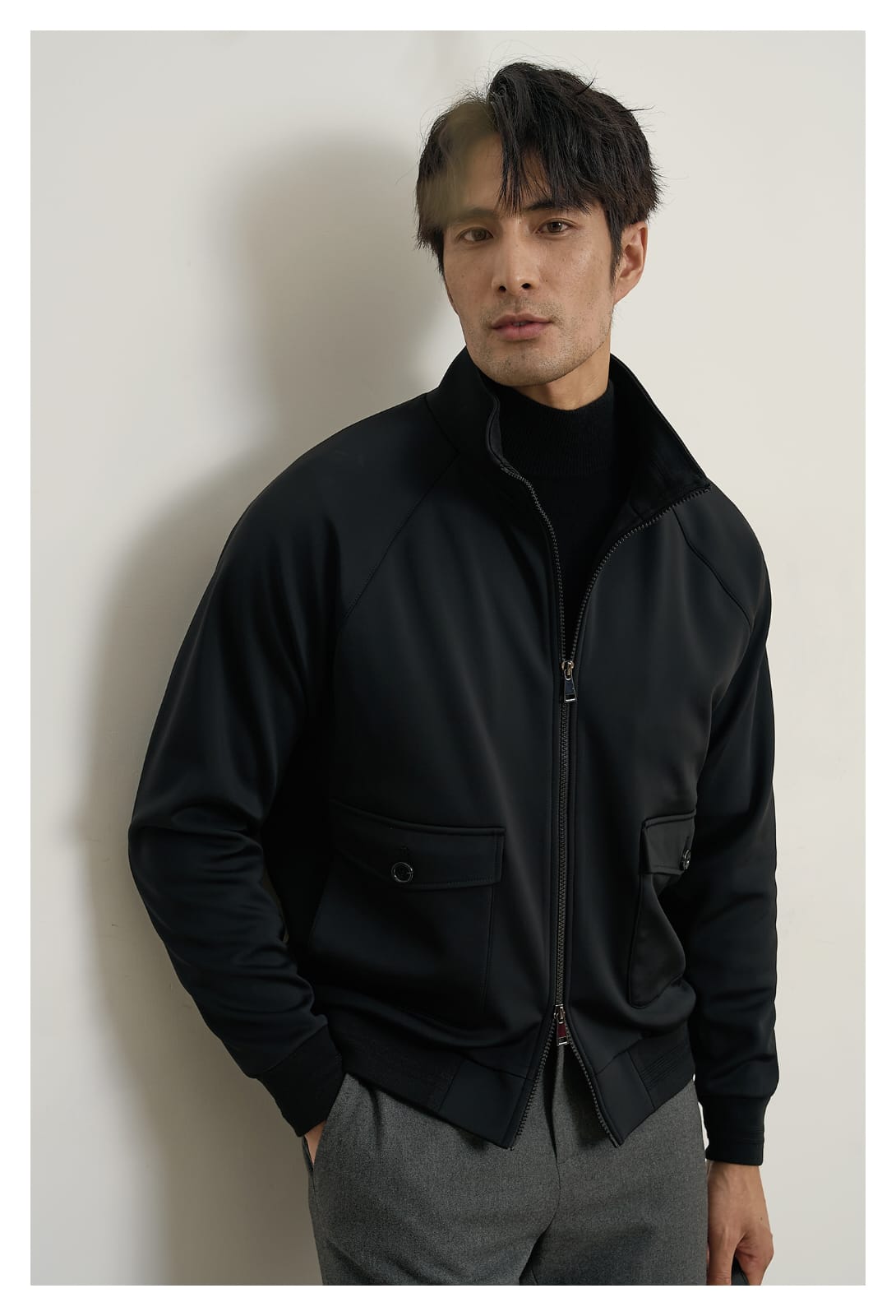 MODERN MINIMAL LUXE STAND COLLAR STRUCTURED OUTERWEAR BLACK JACKET