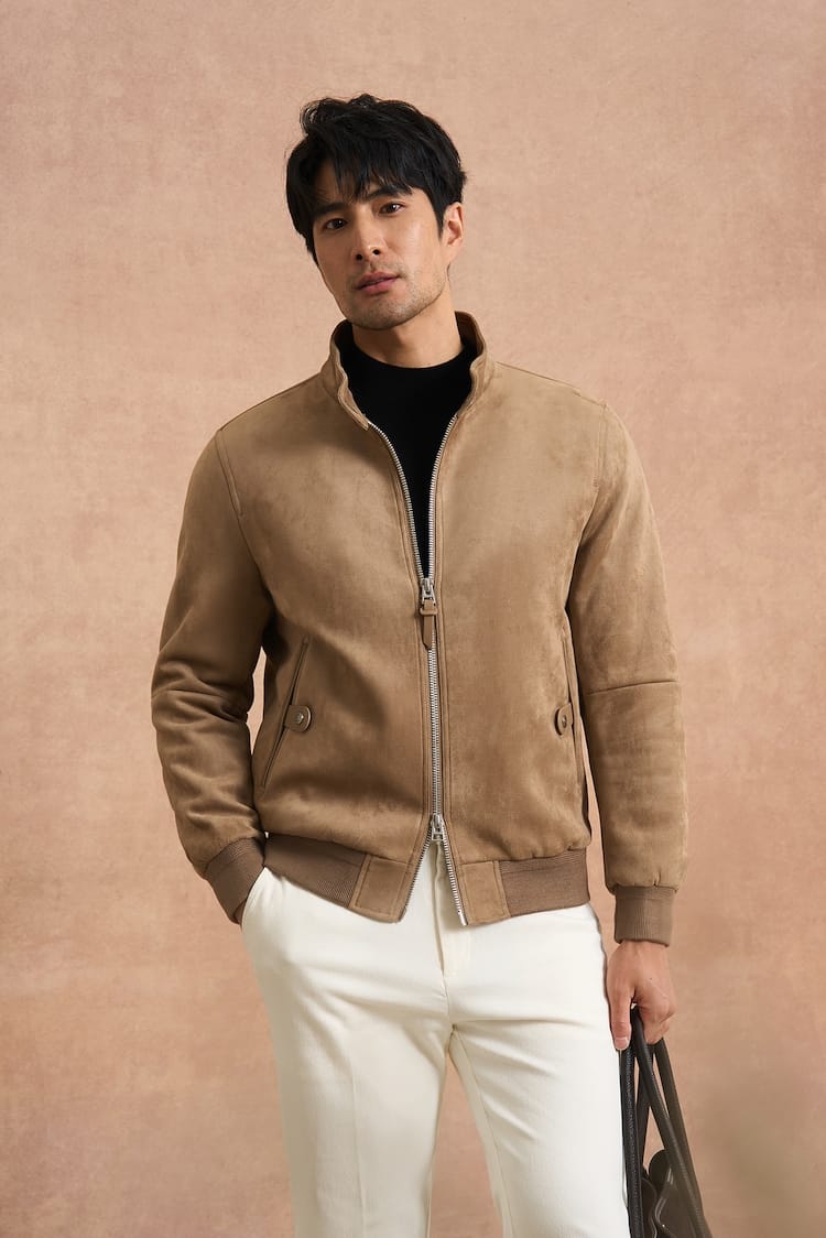 PREMIUM COLLAR & ZIP CLOSURE FAUX SUEDE BOMBER JACKET