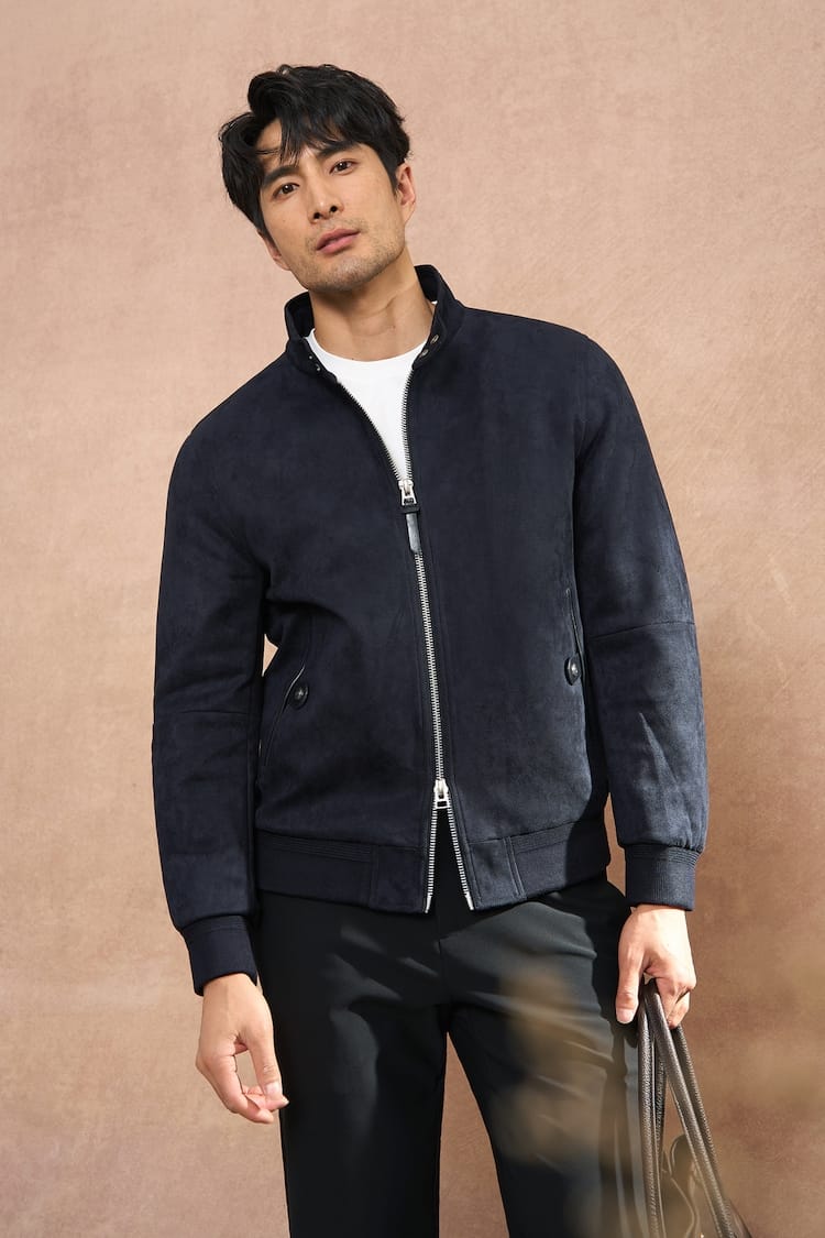 PREMIUM COLLAR & ZIP CLOSURE FAUX SUEDE BOMBER JACKET