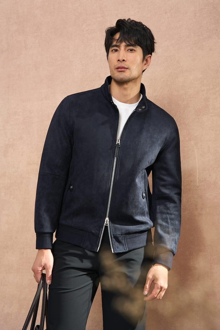 PREMIUM COLLAR & ZIP CLOSURE FAUX SUEDE BOMBER JACKET