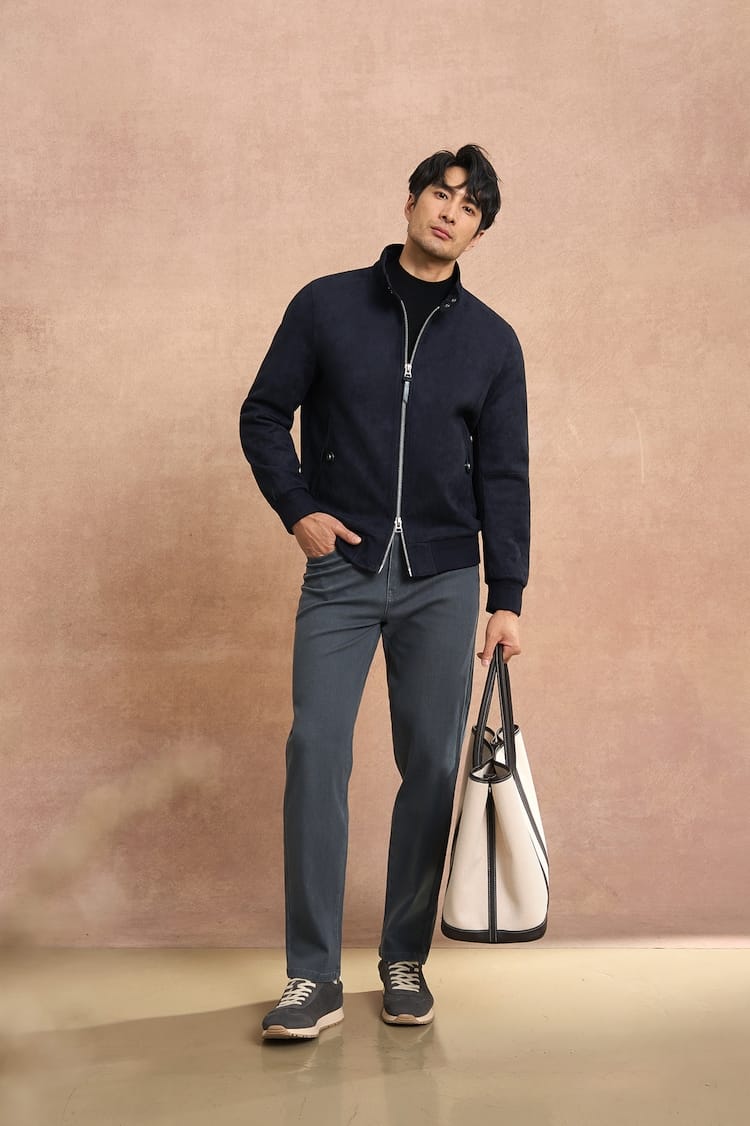 PREMIUM COLLAR & ZIP CLOSURE FAUX SUEDE BOMBER JACKET