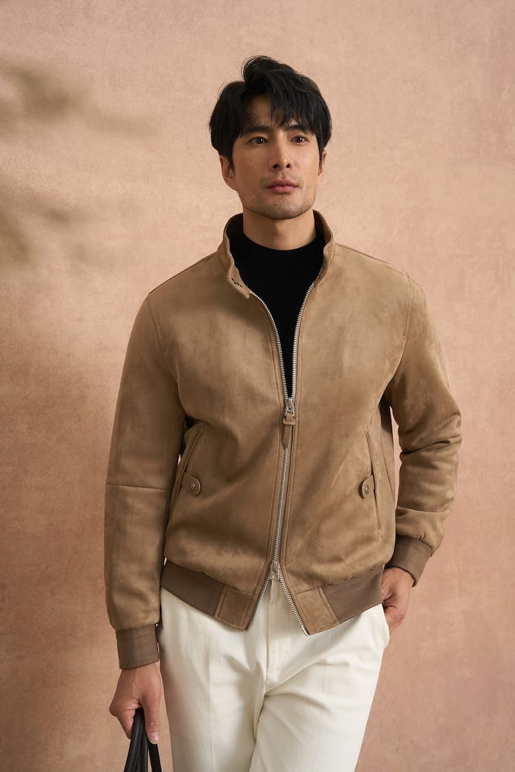 PREMIUM COLLAR & ZIP CLOSURE FAUX SUEDE BOMBER JACKET