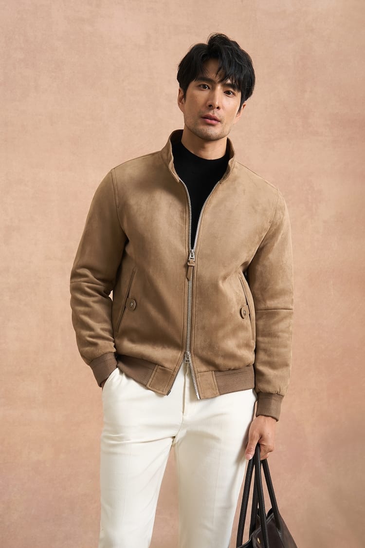 PREMIUM COLLAR & ZIP CLOSURE FAUX SUEDE BOMBER JACKET
