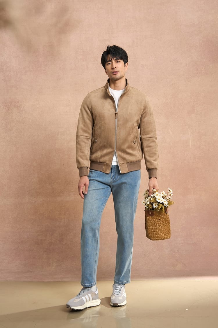 PREMIUM COLLAR & ZIP CLOSURE FAUX SUEDE BOMBER JACKET