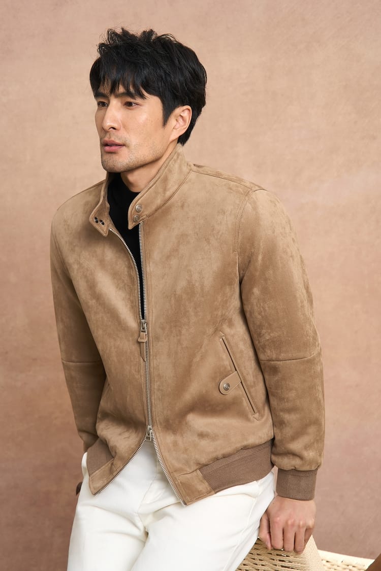 PREMIUM COLLAR & ZIP CLOSURE FAUX SUEDE BOMBER JACKET