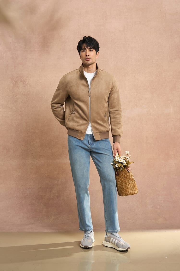 PREMIUM COLLAR & ZIP CLOSURE FAUX SUEDE BOMBER JACKET