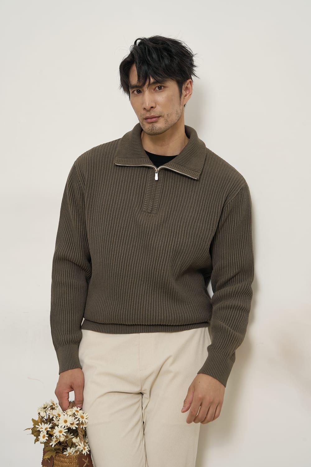 MEN’S THICK RIB KNIT HALF ZIP MOCK NECK WINTER SWEATER