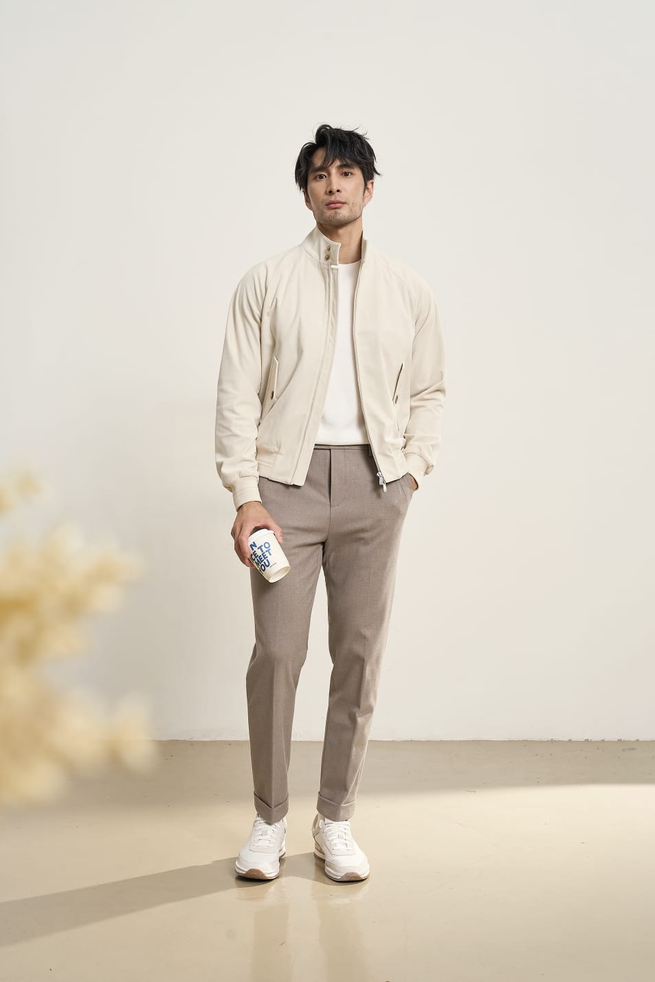 PREMIUM CORDUROY HIGH-NECK ZIP BEIGE BOMBER JACKET