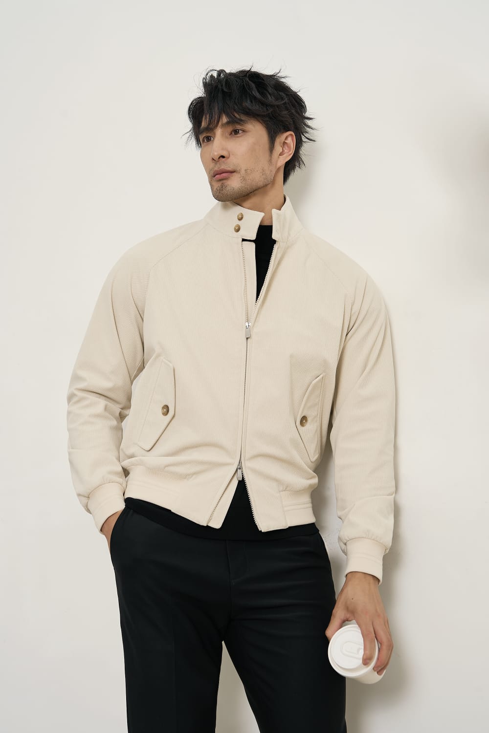 PREMIUM CORDUROY HIGH-NECK ZIP BEIGE BOMBER JACKET