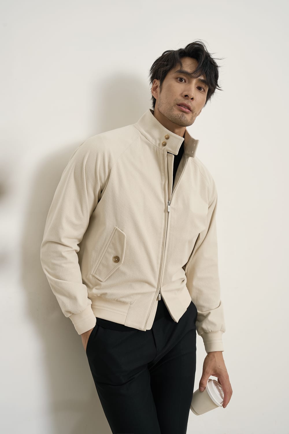 PREMIUM CORDUROY HIGH-NECK ZIP BEIGE BOMBER JACKET